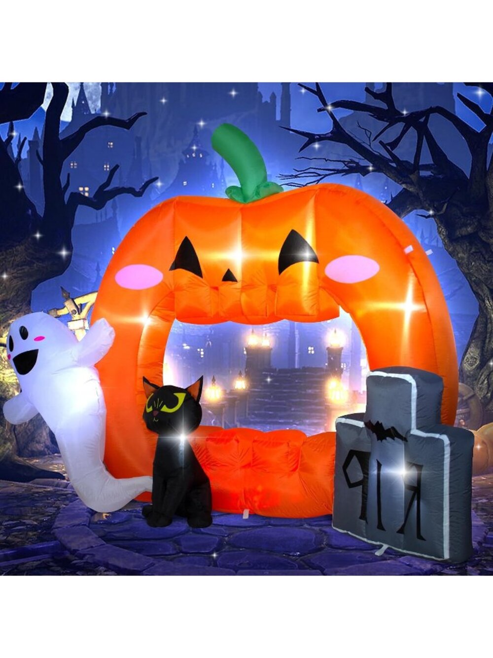 7FT Halloween Inflatable Pumpkin Tombstone Black Cat White Ghost Built-in LEDs